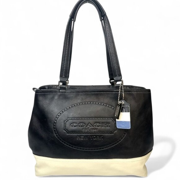 Coach Hampton Weekend Perforated White & Black Leather Tote Bag - Picture 1 of 11